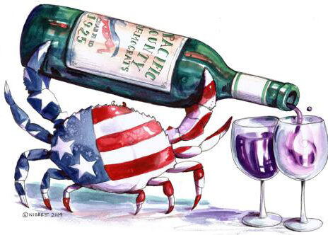 Cartoon crab decorated with the USA flag, holding a bottle of wine pouring into two glasses.
